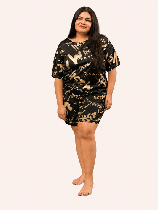 Black Abstract Print Short Night Suit