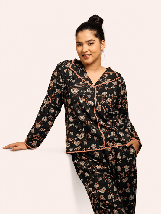 Black Heart Print Night Suit