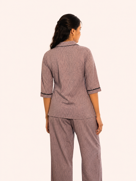 Lavender Letter Print Night Suit